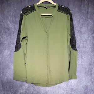 ✨️3/$25✨️ Express Olive Blouse with Black Lace Sleeves